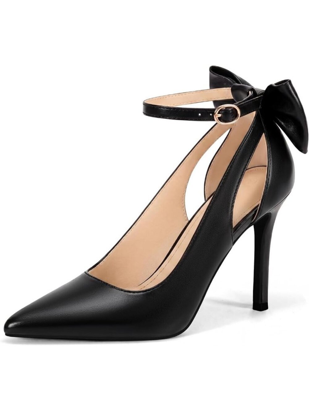 Women's Black Pu Pointed Toe High Heel Ankle Strap Pumps Bowtie Back Dress Shoes